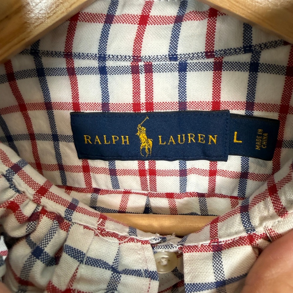 Ralph Lauren Ruffle Collar Tattersall Check American Flag Patch Shirt Womens L - Picture 5 of 10